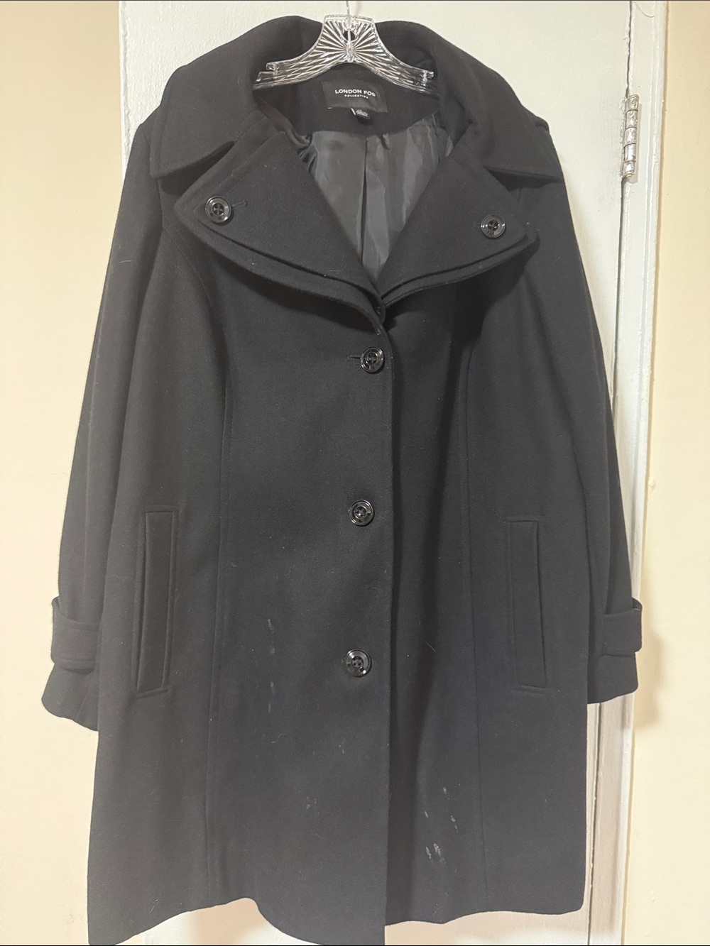 London Fog Black Wool-Blend Pea Coat with Wide Collar